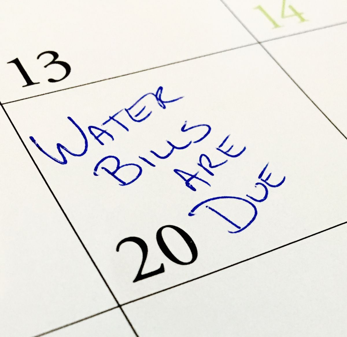 calendar showing water bills due the 20th